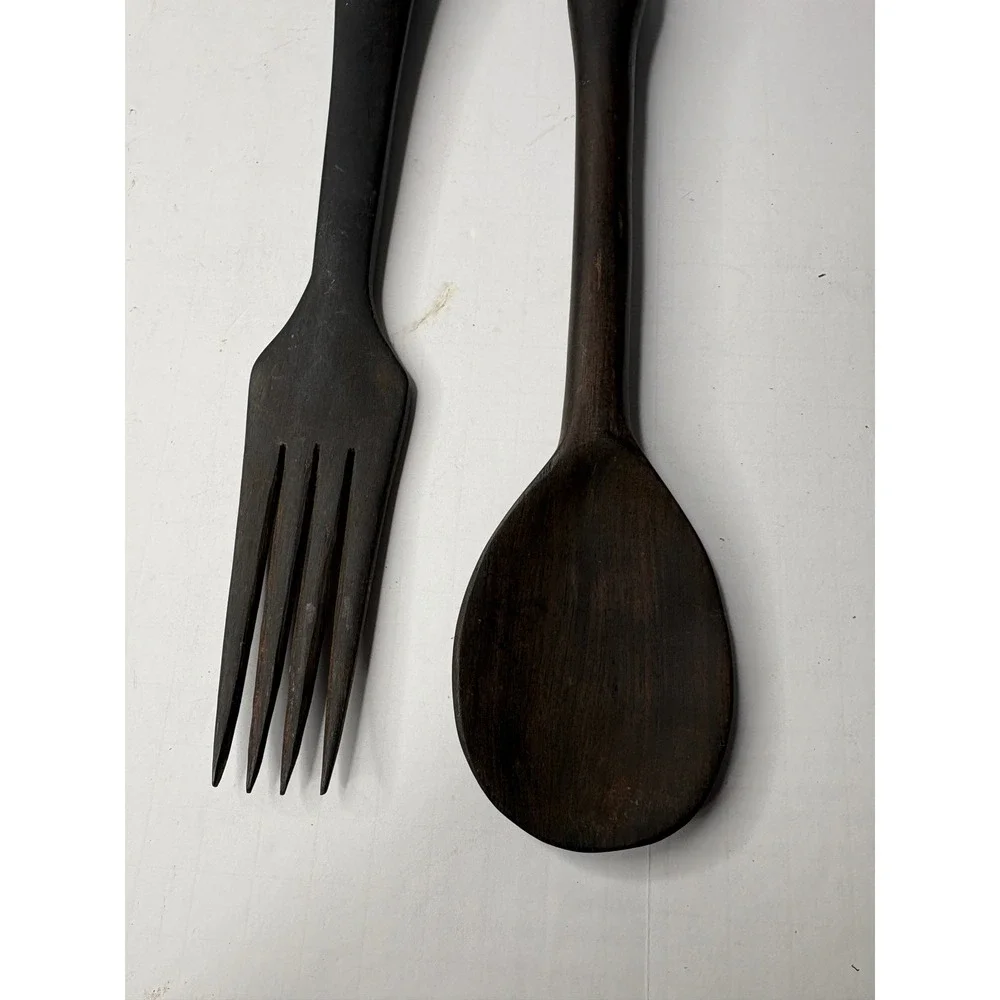 Vintage African Hand Carved Wood‎ Tribal Salad Server Set Fork Spoon Figural 15